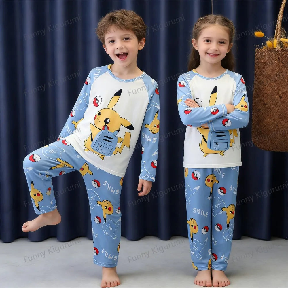 Cartoon Pijamas for Kids 3 to 5 7 9 11 13 Years Clothing Sets Boys Home Wear Girls Full Sleeve Pikachu Pajamas Teen Loungewear