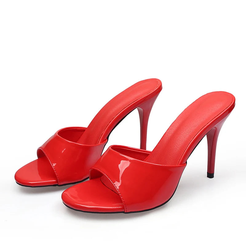 Liyke Black Patent Leather Women Slippers Sandal Fashion Round Open Toe Mules High Heels Slides Summer Party Dress Shoes Size 43