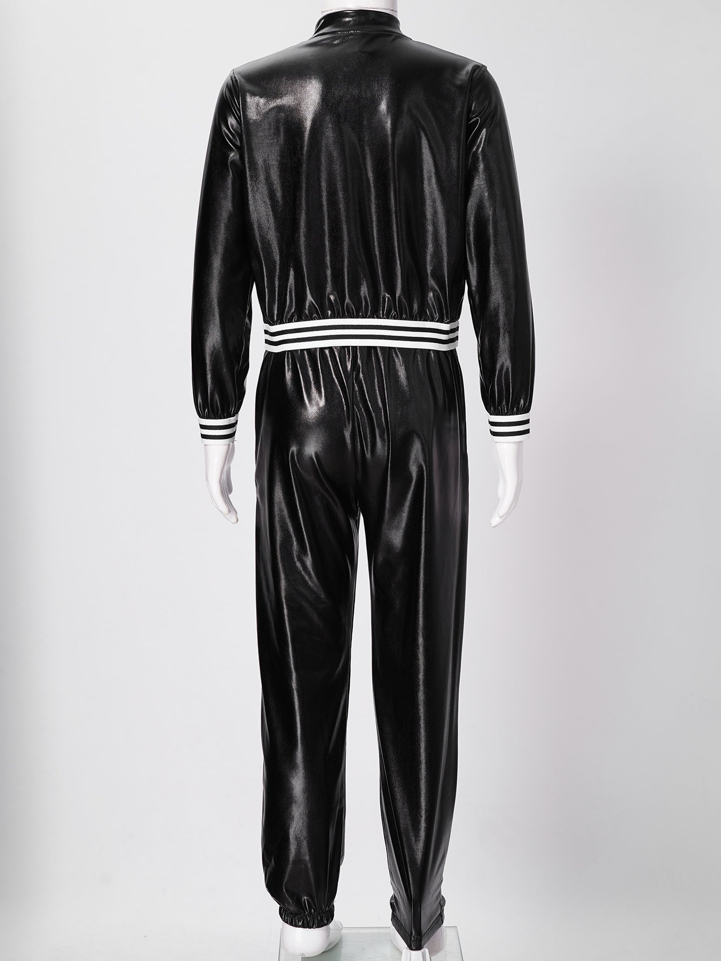 Kids Girls Sports Outfits Jazz Hip Hop Street Dance Costume Shiny Metallic Long Sleeves Bomber Jacket Coat with Pants Streetwear