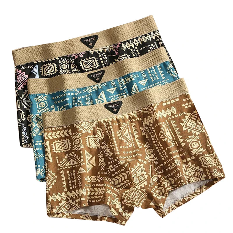 3PCS Retro Style Men's Underwear with Personalized Printed Men Boxer Shorts Breathable Trendy Style Men's Flat Corner Underwears