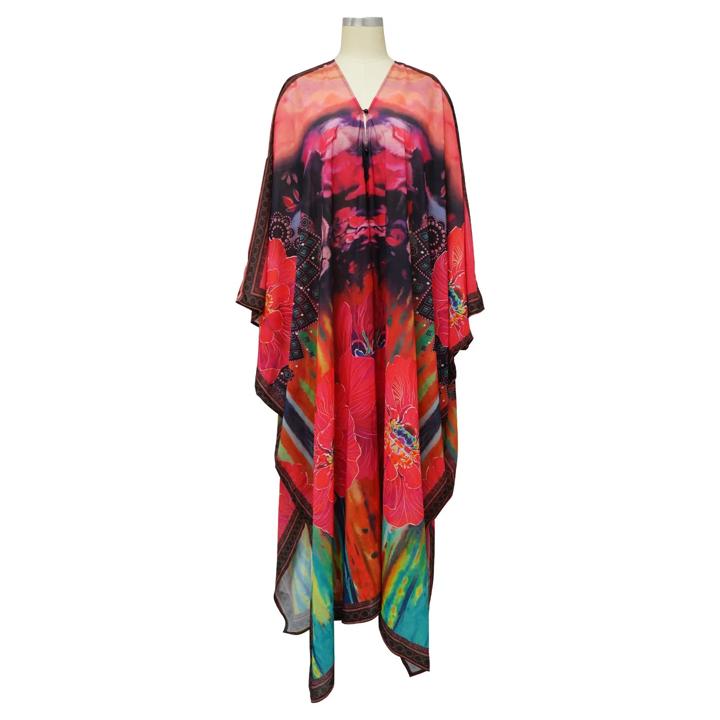 African Dresses for Women See-Through Chiffon Sexy V-neck Bohemian Printing Maxi Dresses Africa Kimono Bikini Holiday Beachwear