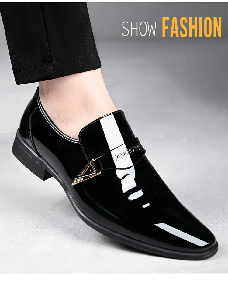 White Leather Shoes for Men 2025 New Patent Leather Business Men Casual Shoes Slip on Party Dress Footwear Pointed Toe Loafers