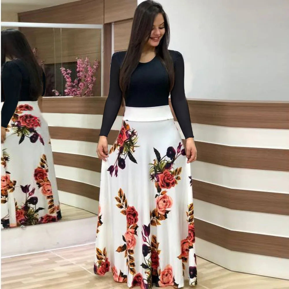 2024 European and American style flower print color matching short sleeved dress for women's large swing skirt BAZAARHUBO