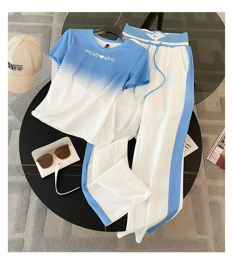 2024 Spring/Summer New Fashionable Gradient Short Sleeve+High Waist Wide Leg Pants Casual Two Piece Set