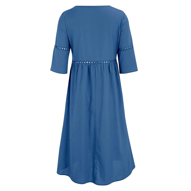 Summer V Neck Half Sleeve Loose Beach Holiday Dress Women Casual Hollow Out Design Solid Color A-line Midi Dress Boho