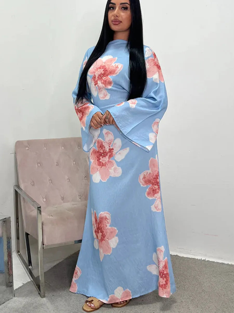 Women Arabic Eid Muslim Dubai Abaya Dress Luxury Fashion Flower Print Long Dress Kaftan Robe Femme African Islam Clothing Kebaya