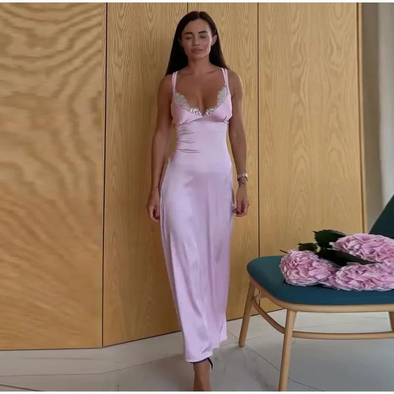 Summer Satin Lace Spliced Long Dress Women V Neck Sleeveless Waist Cinching Strap Dresses 2026 Lady Casual Solid Party Robe