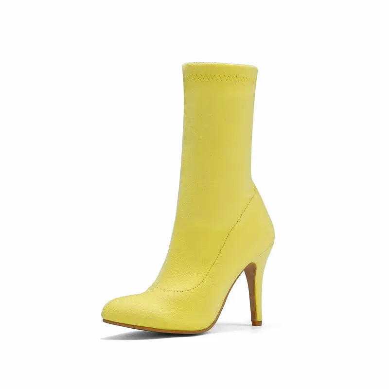 2023 Autumn Winter Sock Short Boots Lady Mid-Calf Thin High Heels Large Size 46 Fashion Women Shoes Elastic Flock Pointed Boots