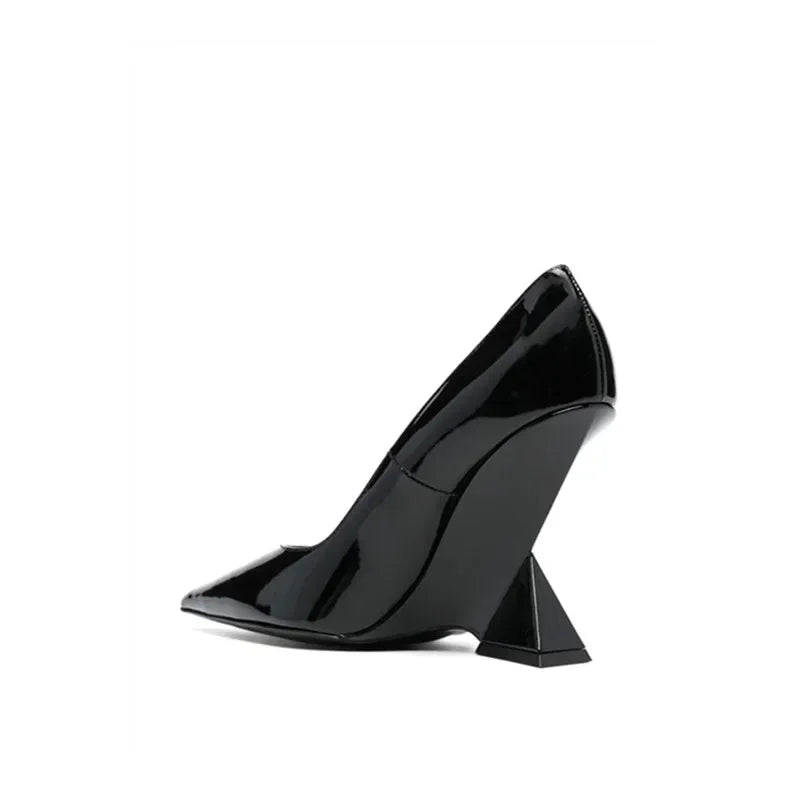 Summer 2024 New High Heels Thick Sole Thick Heel Lacquer Leather Shallow Mouth Pointed Fashion Sexy Women's Oversized Shoes