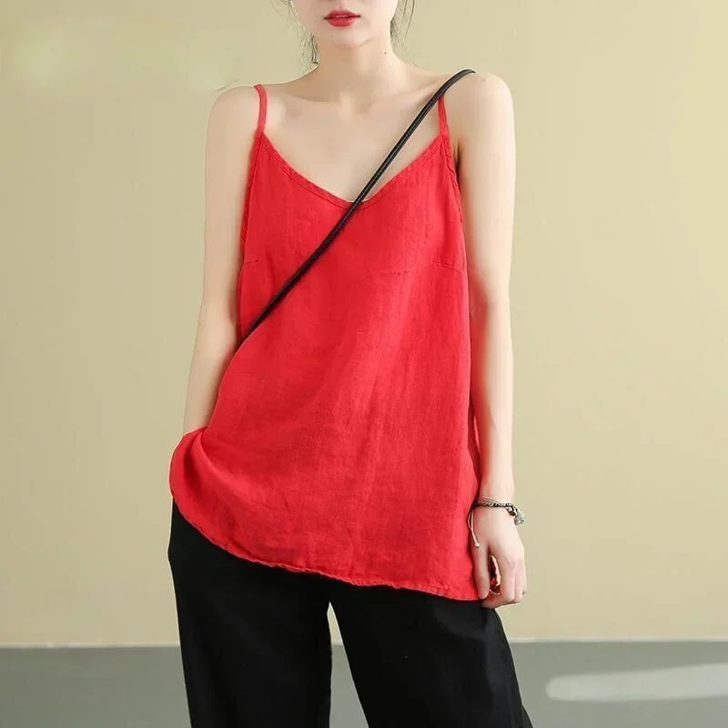 Women's Summer Top Cotton Linen Spaghetti Strap Top Women Halter V Neck Basic Yellow Sleeveless Tank Tops Loose Casual Camis