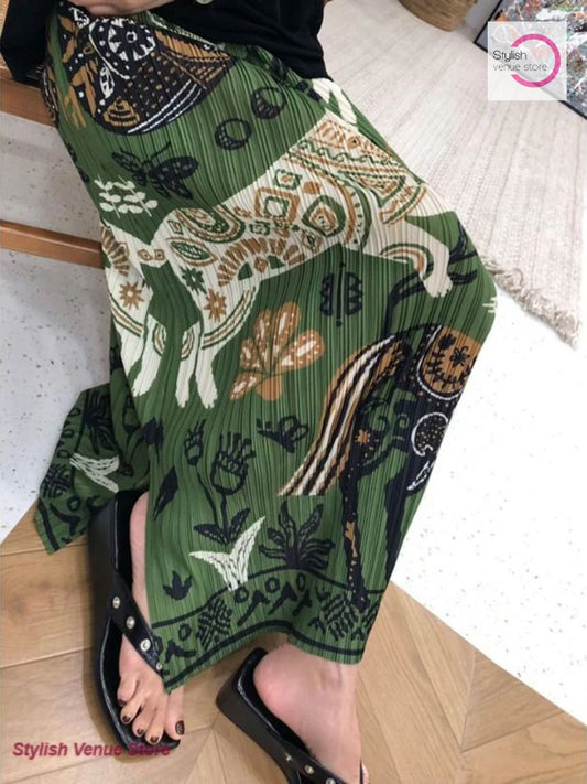 Korean style green cartoon skirt female summer design sense high waist split temperament contrast printing straight casual skirt