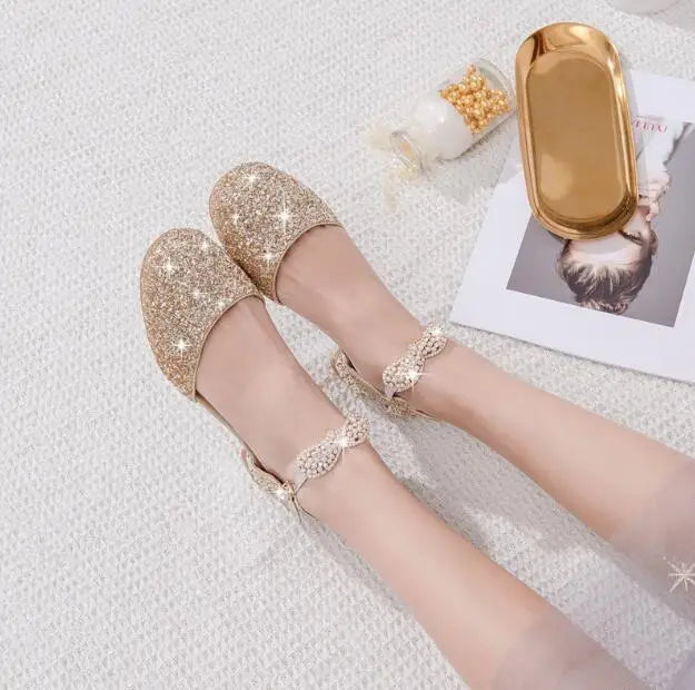 Princess Kids Leather Shoes Girls Sandal Sweet Pearl Casual Glitter Children High Heels Girls Party Dance Shoes Pink Gold Silver