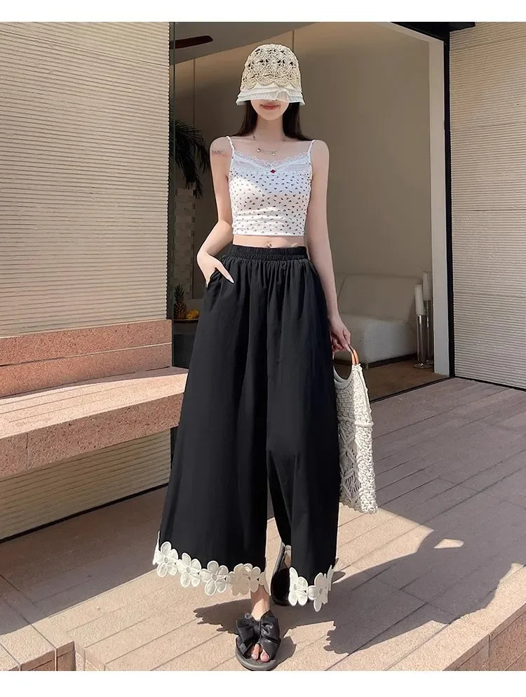 Spring and summer best-selling styles: leisure, fresh, country style, cute, versatile, floral high-waisted nine-tenths pants