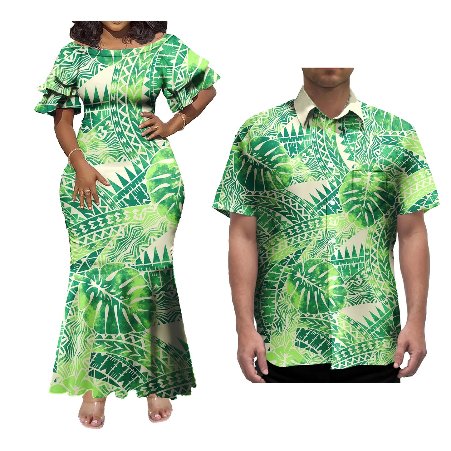 Mermaid Dress And Buttons Shirt Polynesian Couple 2 Pcs Set Plus Size Party Samoan Puletasi Matching Couple Outfits