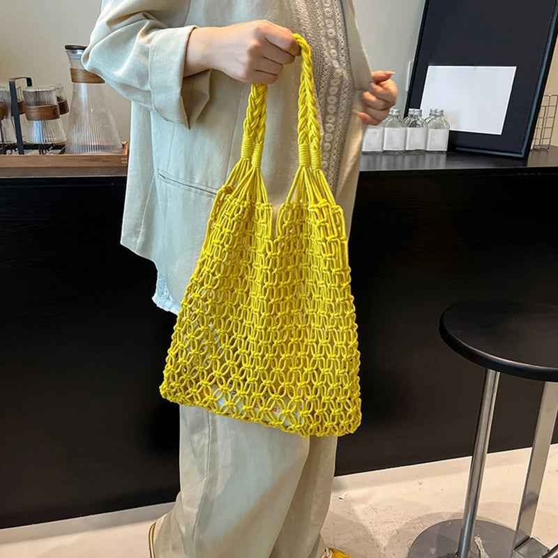 Hand-Woven Bag Women Handmade Hollow Handbag Female Shoulder Bag Big Capacity Summer Casual Travel Beach Tote Purse