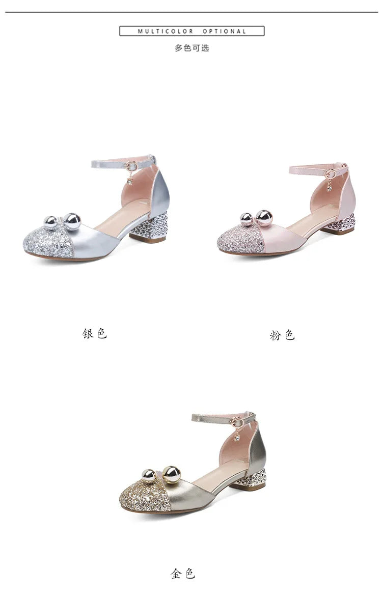 Princess Kids Leather Shoes Girls Sandal Sweet Pearl Casual Glitter Children High Heels Girls Party Dance Shoes Pink Gold Silver