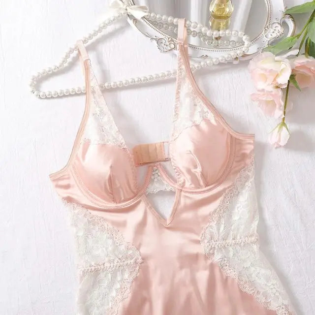 Sexy Deep-v Neck Satin Dress Sexy Lingerie Set For Women Lace Patchwork Split Sissy Night Dress Exotic Slip Dress Silk Nightwear