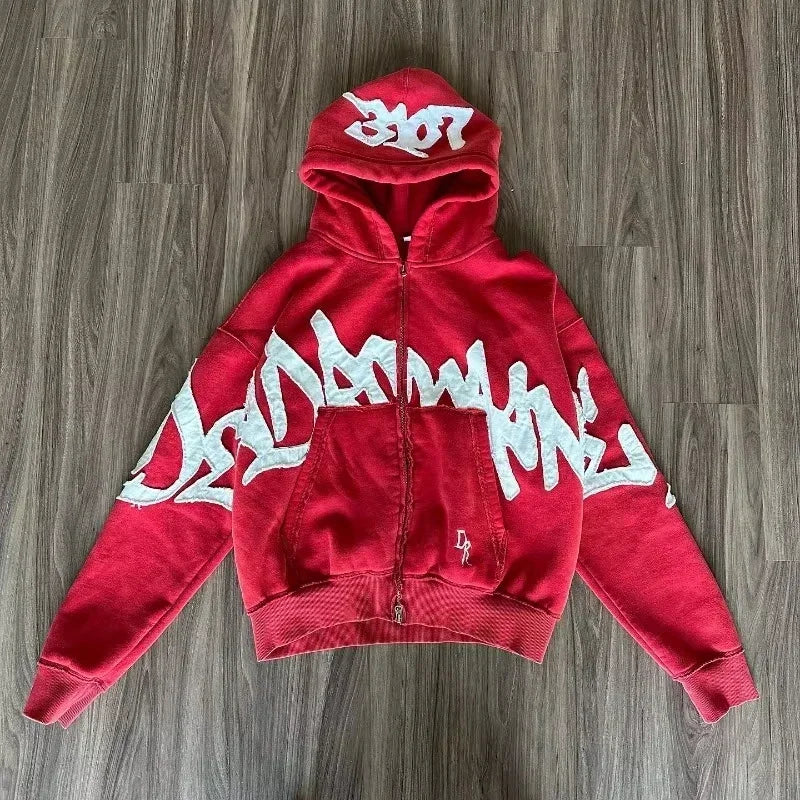 American Fashion Hip Hop Letter Embroidered Zipper Hoodie Men Street Y2K New Casual Loose Fleece Padded Sweatshirt Unisex Hoodie