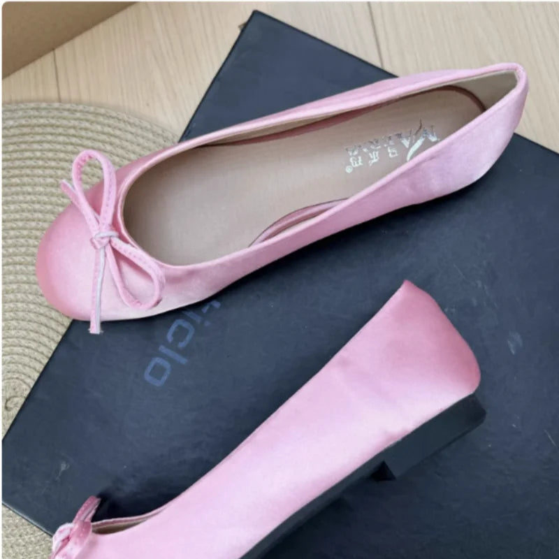 Women Plus Sizes 48 47 33 Dough Shoes With Knot Wide Fitting Round Toe Silk Stain Slip-On Pinkish Gold Blue Footwear Hand-Made