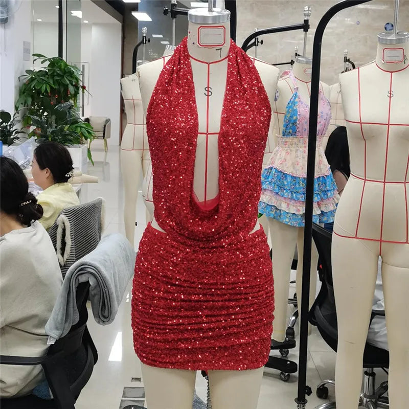 Women Sequin Two Piece Outfit Halter Crop Top And Split Mini Skirt Club Wear