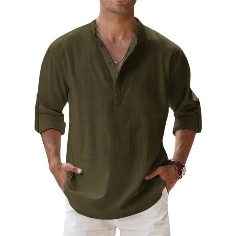 New Men Casual Shirts Lightweight Long Sleeve Henley Cotton Shirts for Beach Linen Shirts Hawaiian Breathable Collar Tops