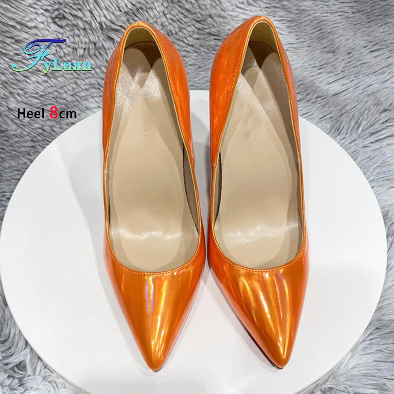 Orange Mirror High Heels 8CM 10CM 12CM Fashion Glossy  Holographic Women Shoes For Nightclub Club Party Size 45 Thin Heel Pumps