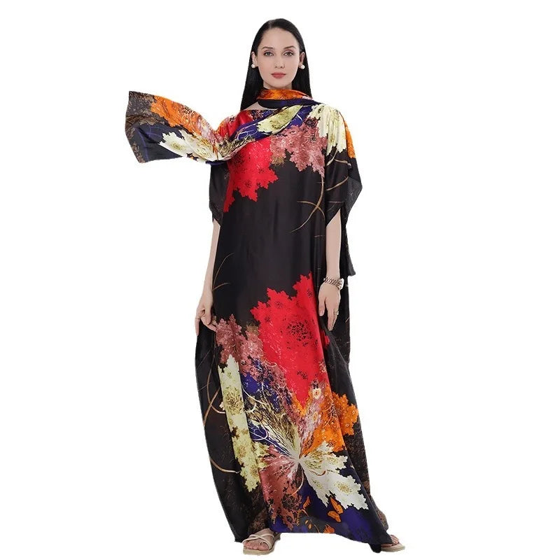 Summer New Fashion African Dresses For Women Elegant Printed Silk Muslim Lady Long Hijab Kaftan Dress Oversize Kuwait Abaya