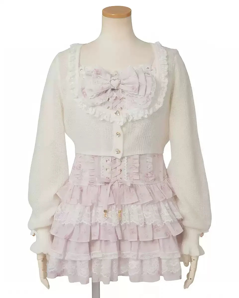 Two-piece Japanese Sweet Lolita set: white knit cardigan with ruffles and a pale pink layered lace mini skirt