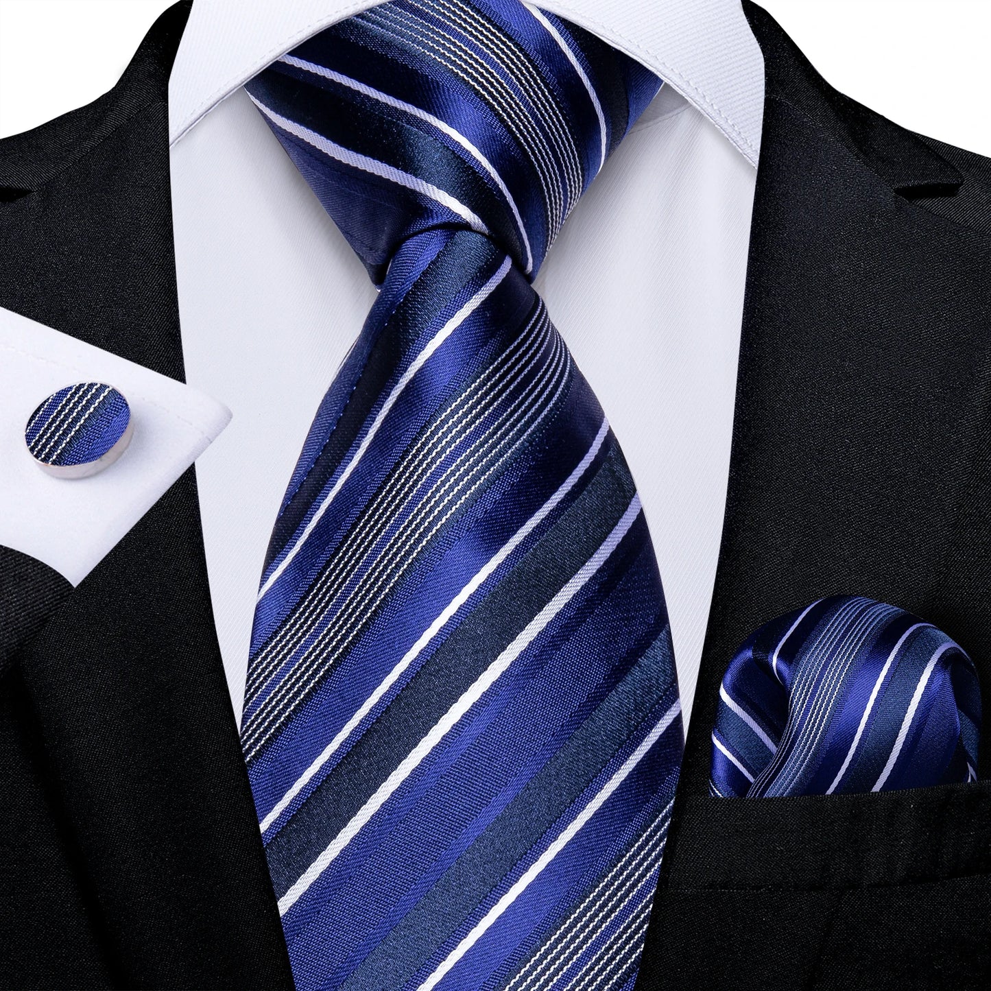 Royal Blue Paisley Plaid Striped Men tie Set with Handkerchief Cufflinks Wedding Prom Groom Accessories Perfect Gift for Men BAZAARHUBO