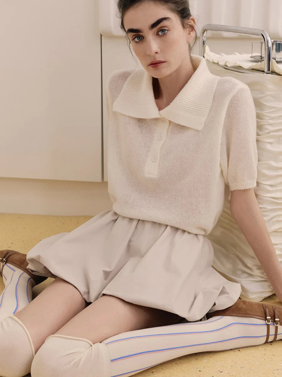 Bronladies Women's Polo Hollow Knitted Short Sleeved Sweater Spring Summer Bubble Sleeve T-shirt Female Simple Knitted Sweater