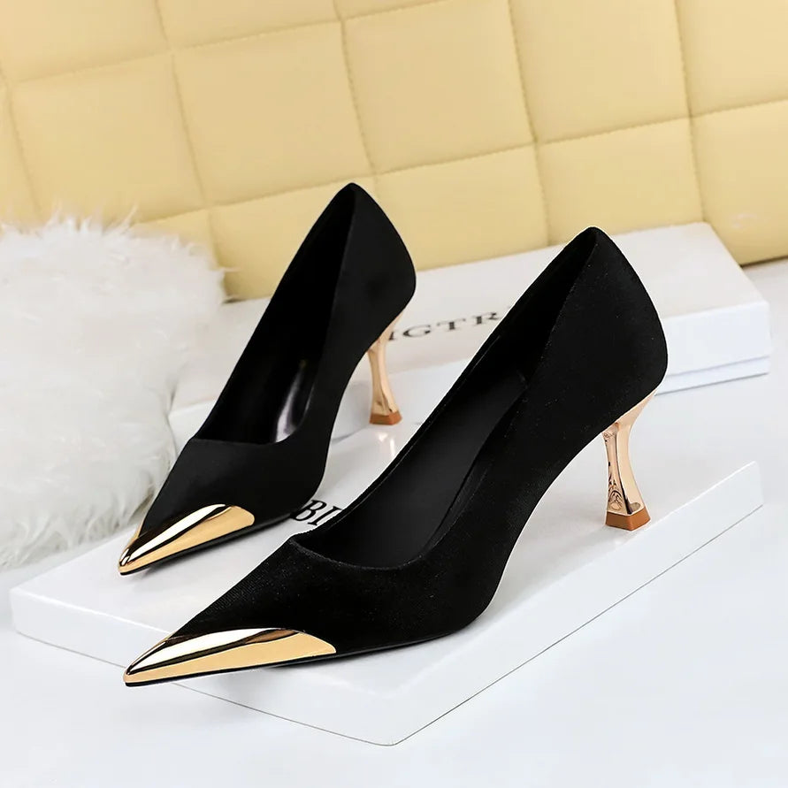 BIGTREE Fashion Sexy Nightclub Slim Wine Glass Pumps High Heel Velvet Shallow Mouth Metal Pointed Party Women's Shoes
