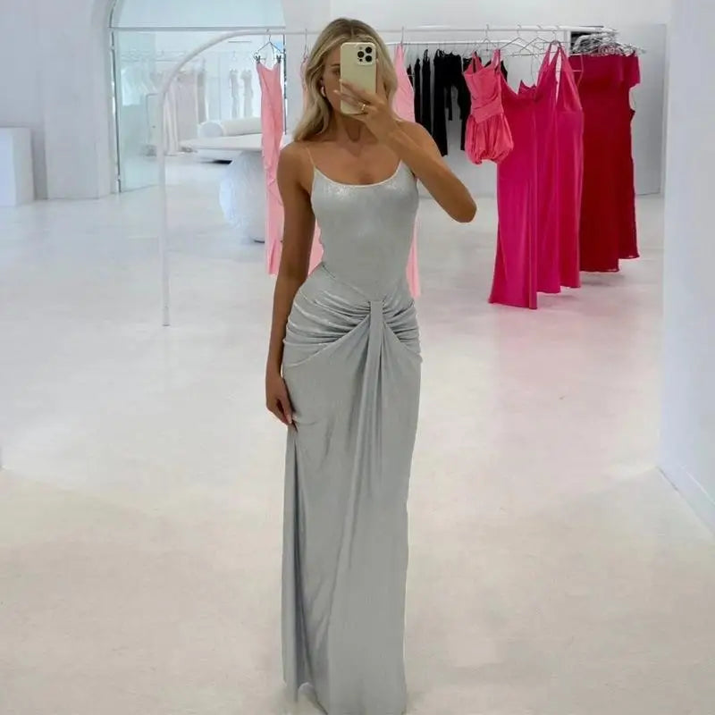 Sexy Royal Sister Style European and American Women's Clothing Fashion Wrinkled Kink Waist Tall Slim Long  Suspender Dress