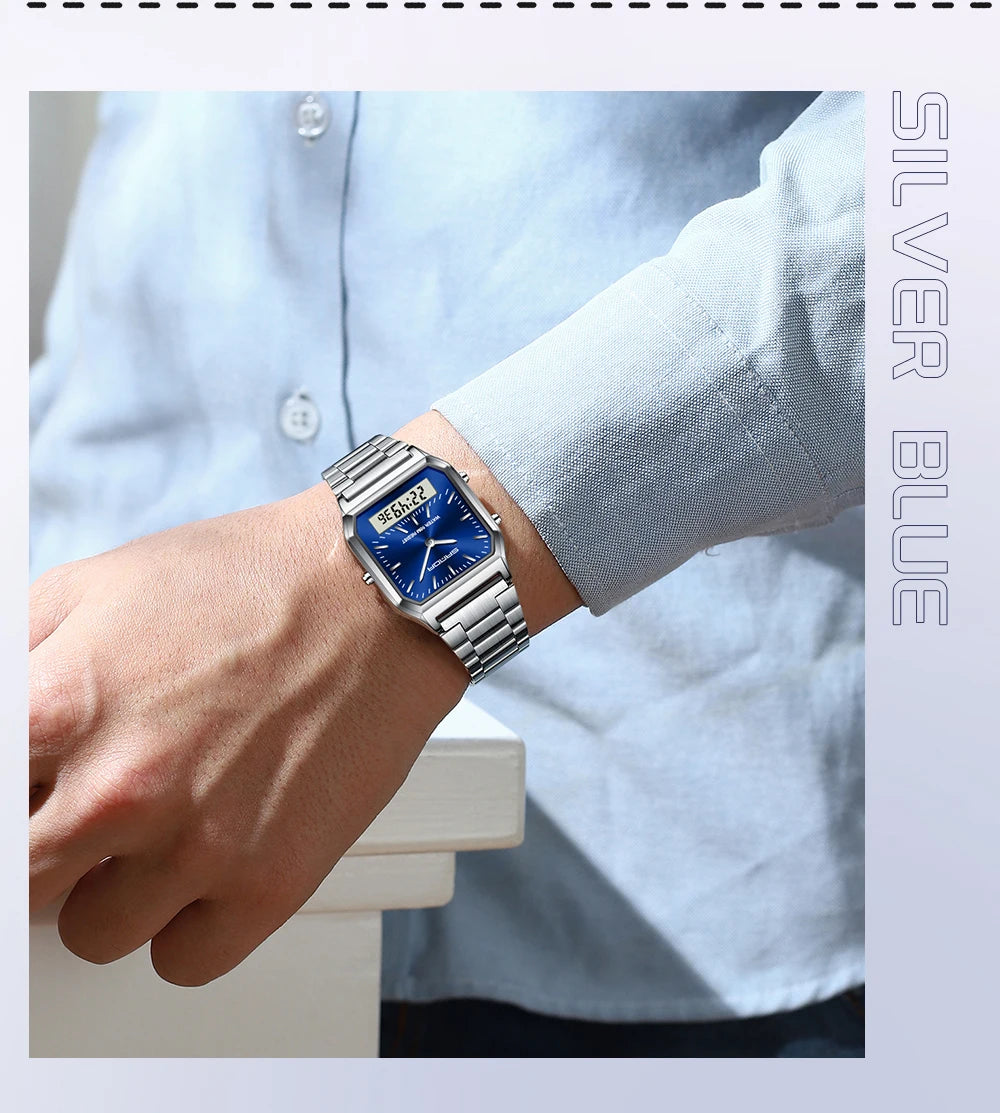 SANDA Men's and Women Watch Fashion Watches Business Style Alarm Clock Man Digital Wristwatch Square Dial Stainless Steel Strap