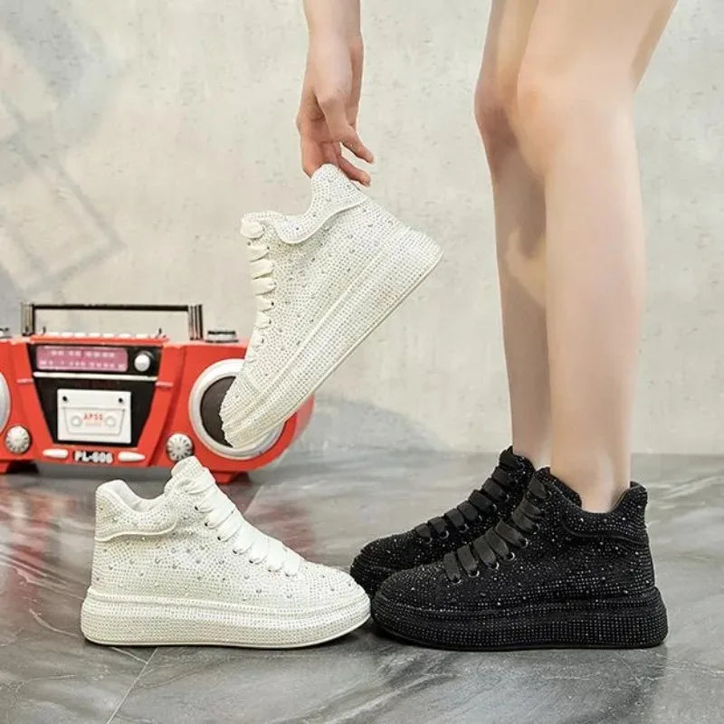 Hot Top Quality Winter Warm Fur Sneakers Sexy Women Skate Shoes New Rhinestone High Top Board Shoes Shiny Women's Casual Shoes