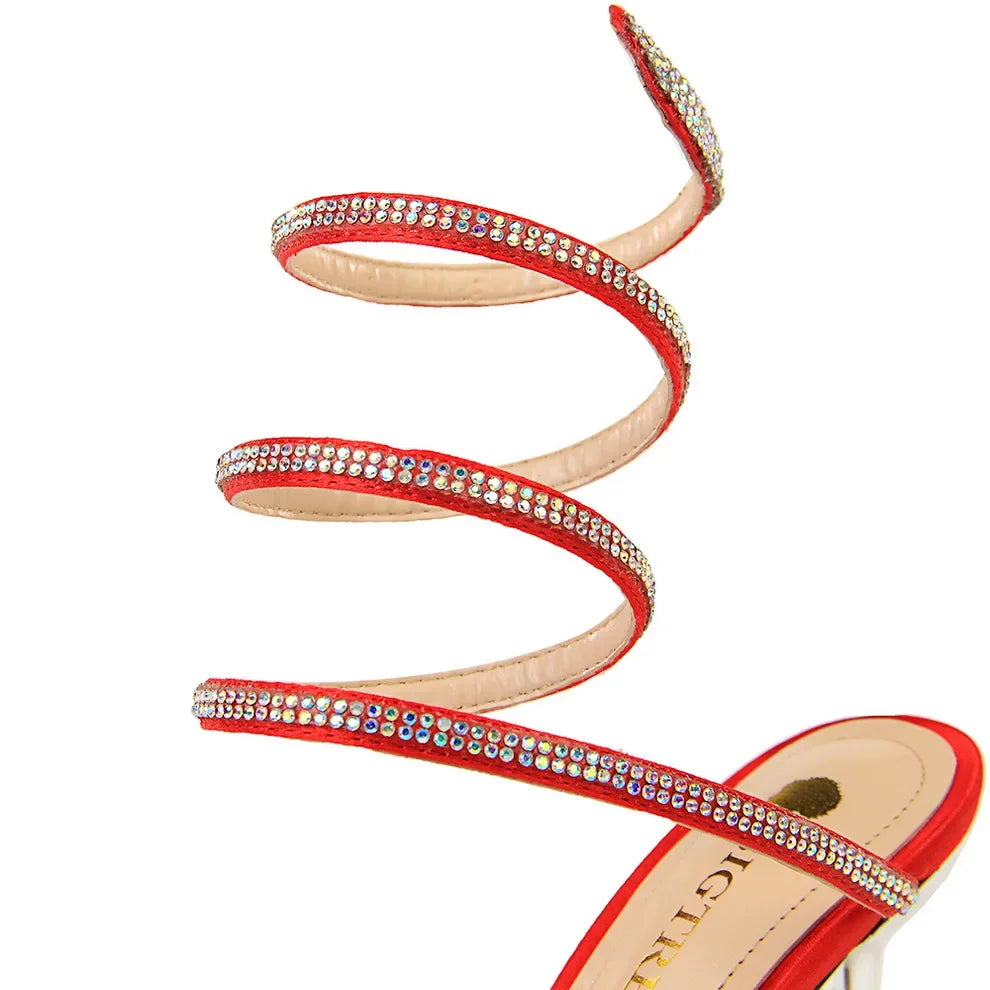 Summer Women 8.5cm High Heels Nightclub Silk Rhinestone Sandals Crystal Ankle Cross Strap Sandles Sexy Strange Gladiator Shoes