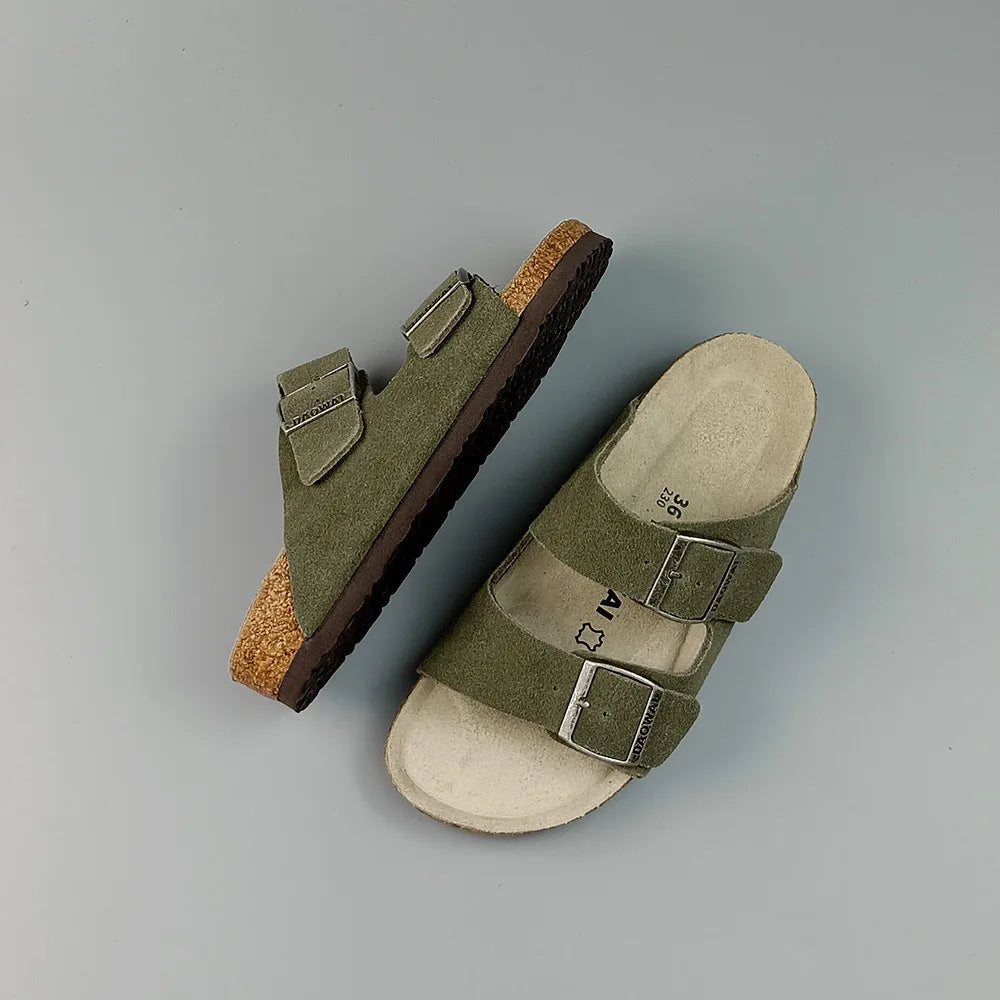 Genuine Leather Men Women Cow Suede Slippers Boy Girl Beach Slides Classic Cork Footbed Women Sandals  With Orthopedic Diabetic