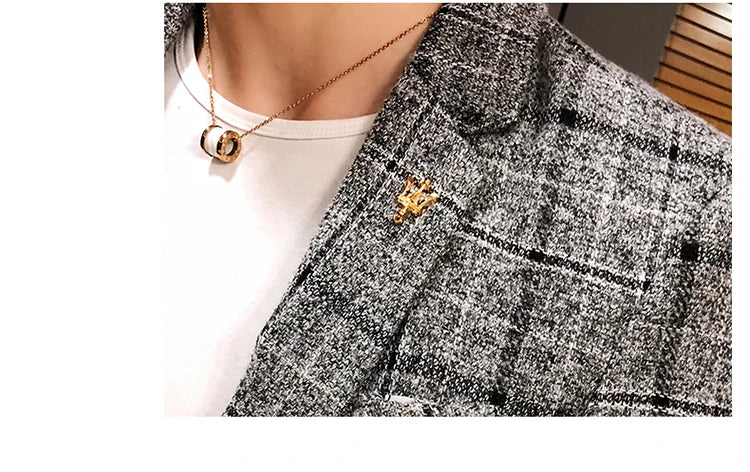 Spring and Autumn New Boutique Japanese Style Print Stand Collar Mens Casual Jacket Slim Male Coat Male Plaid Suit Jacket Blazer