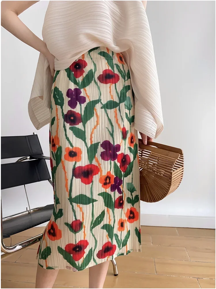 Midi Print Skirts Women Vintage Summer Holiday Back-slit Mujer Aesthetic Prairie Style Office Lady Ins Temperament Casual Daily