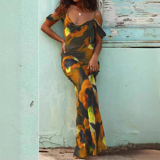 2024 popular American sexy printed suspender dress, long skirt, European and American style dress