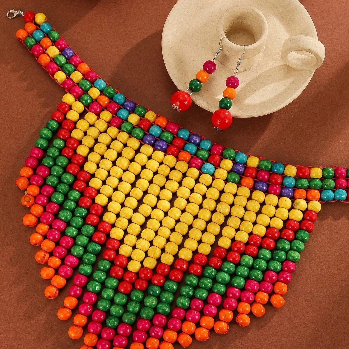 African Ethnic Colorful Wooden Bead Handmade Woven Bib Necklace And Earring Jewelry Set For Women's Vacation Accessories