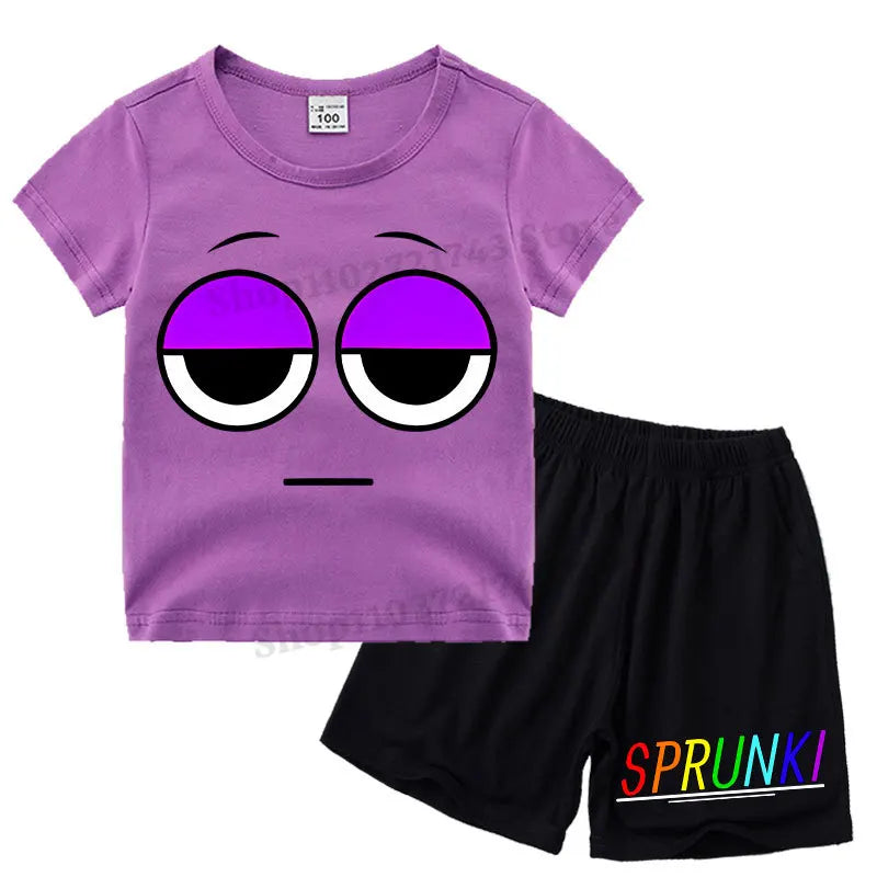 Kids 2 Piece Outfit Sprunki Red Face Character T-Shirt + Shorts Set Boys Girls 100% Cotton Casual Summer Pajamas Set