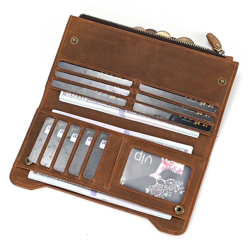 Men's Crazy Horse Leather Long Wallet Brown Real leather Trifold clutch snap purse Hasp purse with Phone pocket and coin pocket