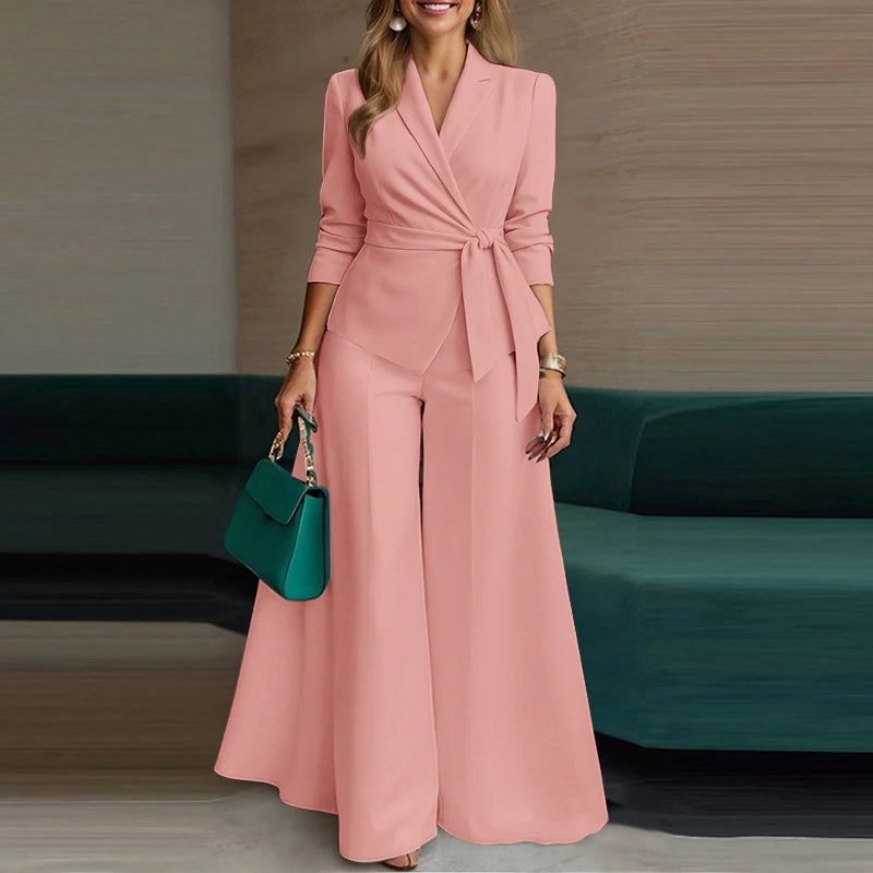 ZANZEA Elegant 2 Pieces Pant Sets Long Sleeve Belted Lightweight Blazer & Wide Leg Pant 2pcs Suits Office Lady Commuting Sets BAZAARHUBO