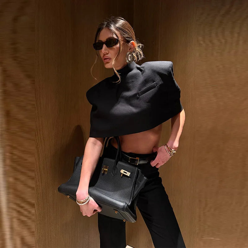 Elegant Stand Collar Women's Cape Skirts Suit Pocket Crop Tops Pleated Mini Skirt Lady Set 2026 Summer Autumn Female Outfits