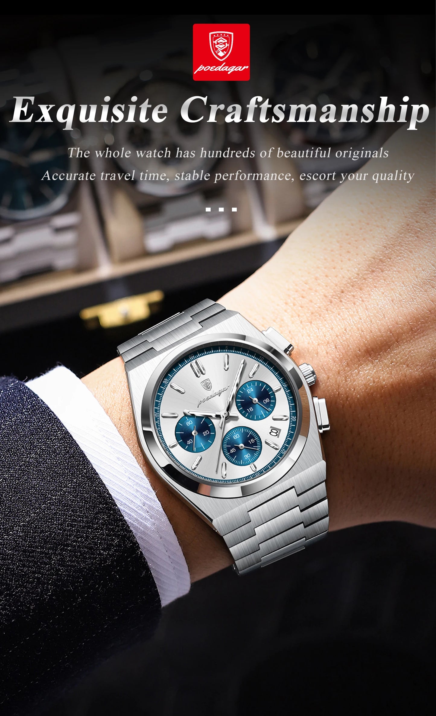 POEDAGAR Top Business Man Quartz Watch Waterproof Luminous Date Chronograph Stylish Watches For Men Stainless Steel Men's Watch