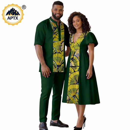 African Short Sleeve V-neck Print Dresses for Women Matching Couple Outfits Dashiki Men Patchwork Top Shirt and Pant Sets 26C040