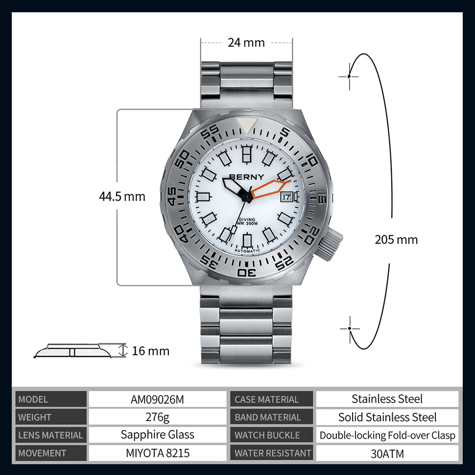 BERNY Automatic 30ATM Diver Men Watch Mechanical Wristwatches Waterproof Male Top Super Luminous Sapphire Sport Diving Watches