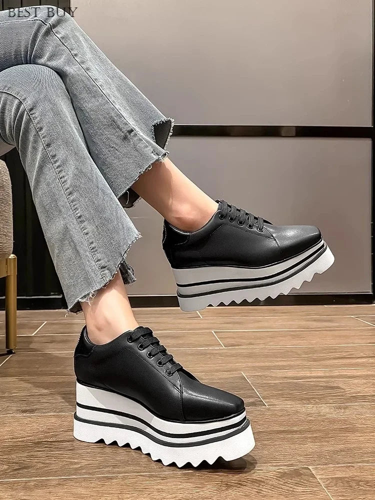 New beige Women Platform Casual Shoes 2024 Spring Black Casual Chunky Sneakers Women Real Leather White Height Increasing Shoes