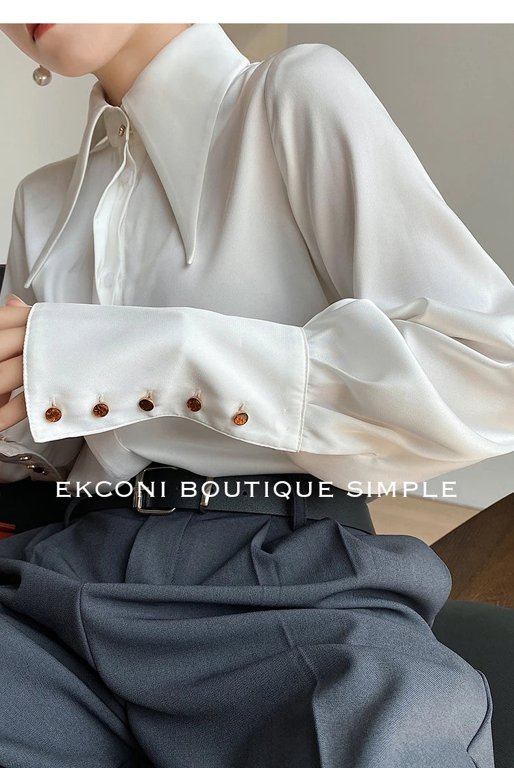 Stylish Elegant Turn Down Collar White Long Sleeve Satin Shirts Fashion Woman Vintage Blouse 2024 Office Lady Tops Blusas 16946