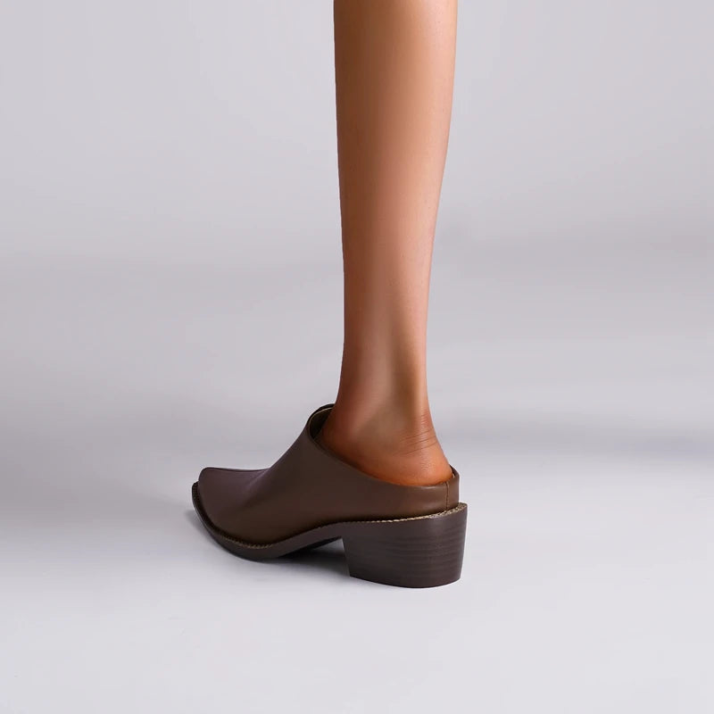 Kaky's New Pointed Cow Tied Leather Thick Heel Medium Heel Large Women's Slippers, Wrapped Half Slippers, Muller Shoes